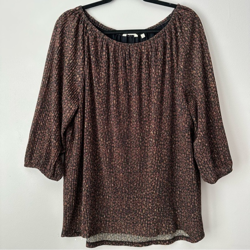 Soft Surroundings Large Black Brown Gold Metallic 3/4 Sleeve Blouse